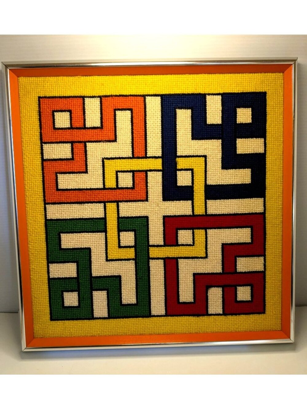 Vtg. MCM Geometric Needlepoint Wall Art 12x12 Framed 1970s Retro  Chainlink Maze
